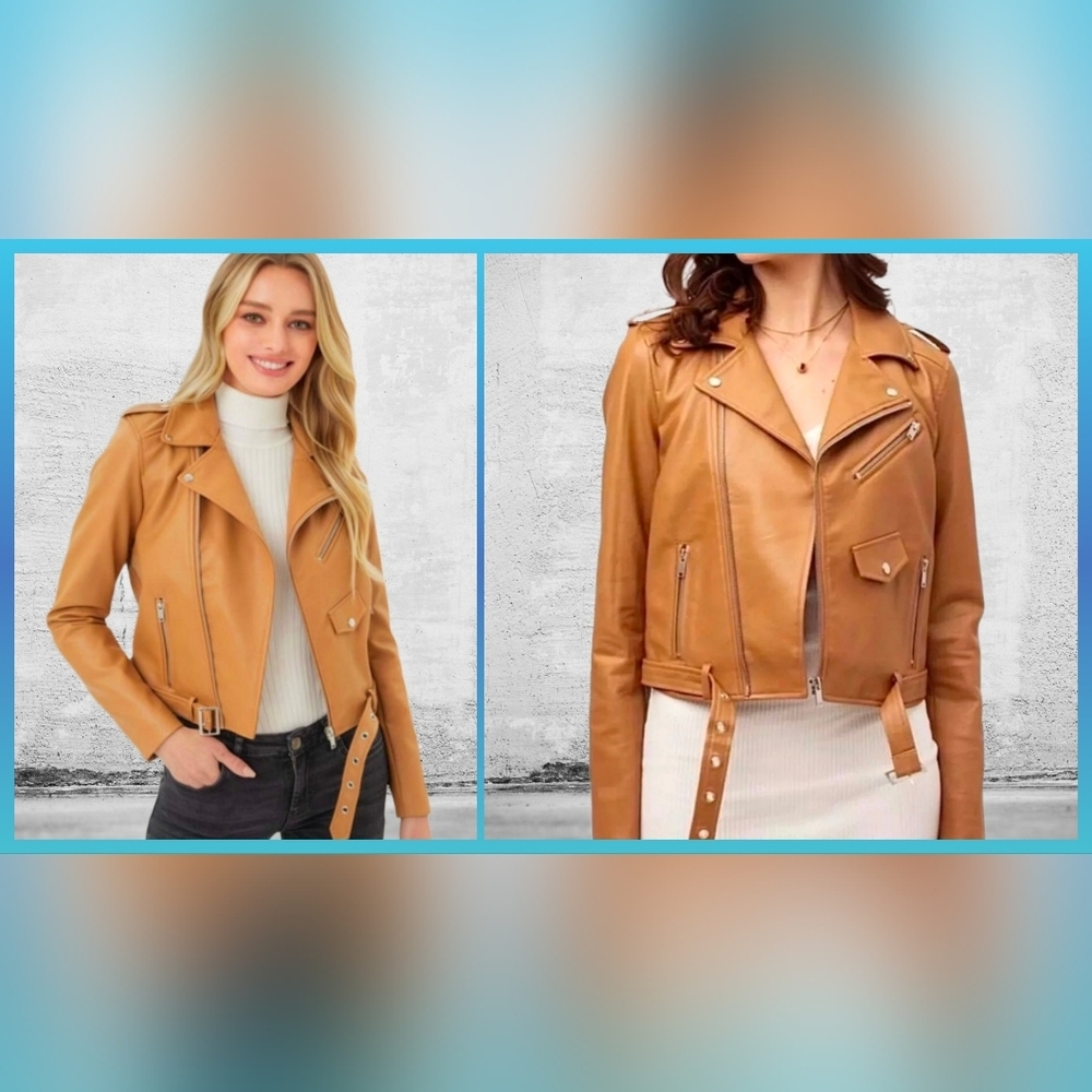 Love Tree Moto Jacket Brown Vegan Leather Tan Zipper Cropped Jacket